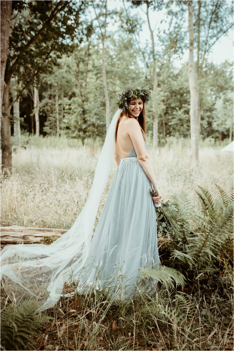 Alternative wedding dress in wood at Tey Brook Orchard Essex