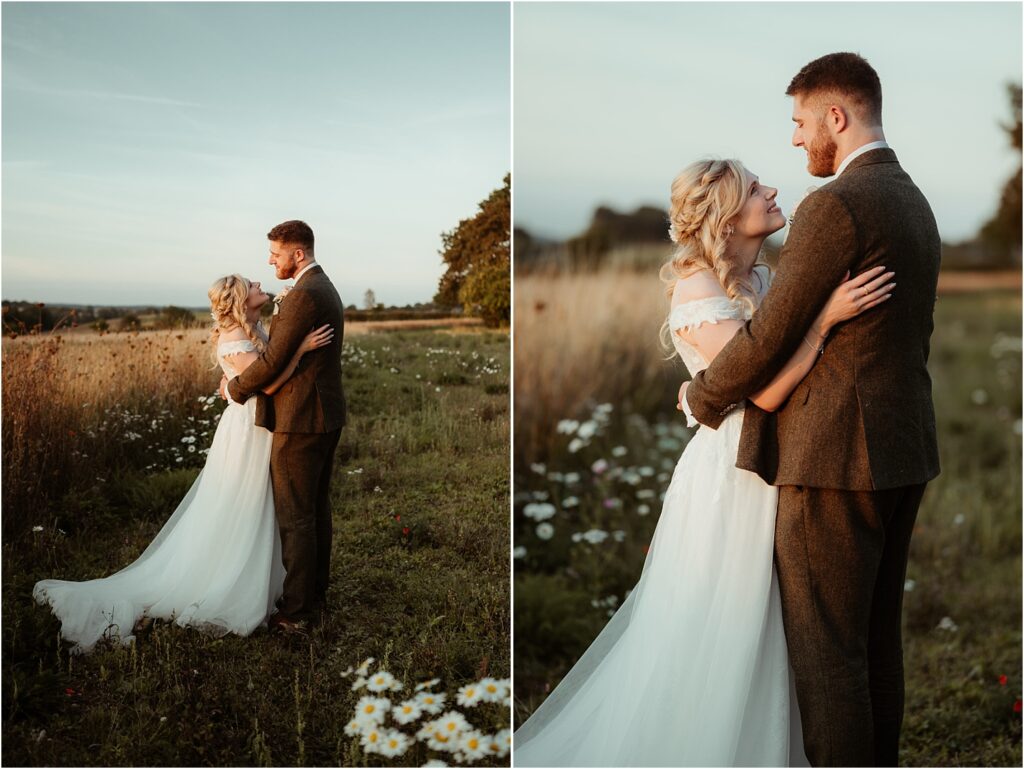 Bride and Groom in the fields at Smeetham Hall Barn wedding venue.