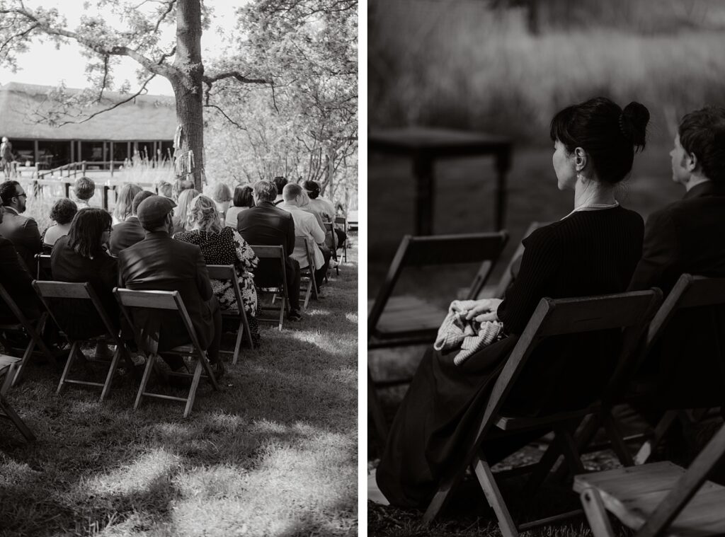 black and white image of wedding guests